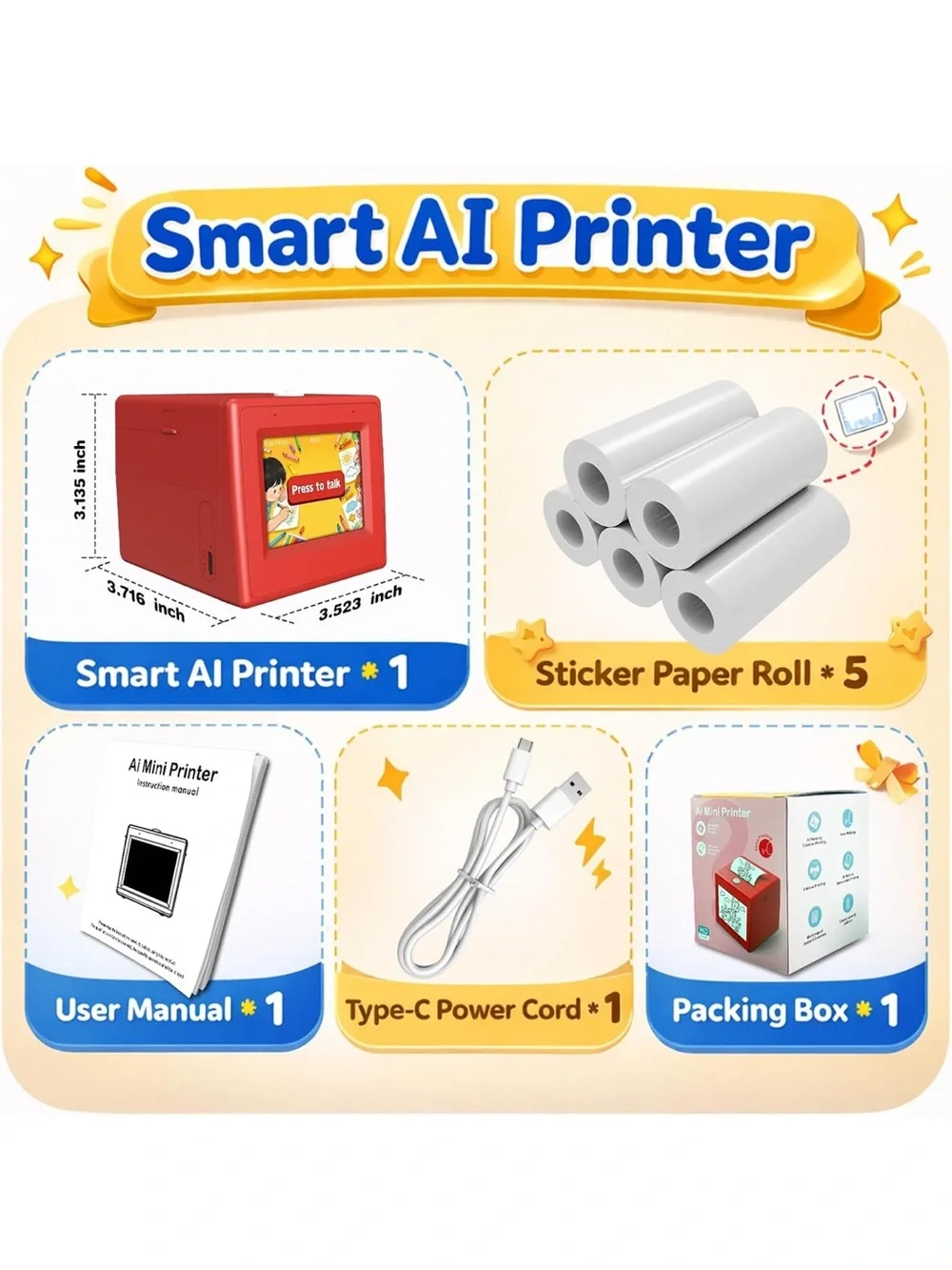 AI voice Sticker Printer box portable thermal inkless printer with 5 rolls